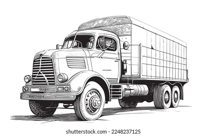 Vintage van truck hand drawn sketch engraving style Vector illustration