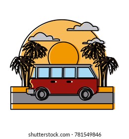 Vintage van vehicle on sunset landscape