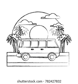 Vintage van vehicle on sunset landscape