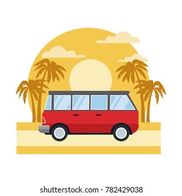 Vintage van vehicle on sunset landscape