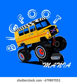 A vintage van-based monster truck crushing modern car for posters, t-shirts, postcards, illustration (vector graphics)