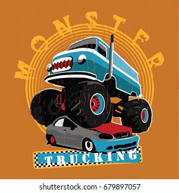 A vintage van-based monster truck crushing modern car for posters, t-shirts, postcards, illustration (vector graphics)