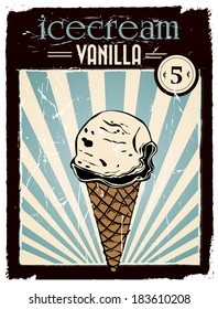 vintage vanilla ice cream poster with retro colors and grunge effect