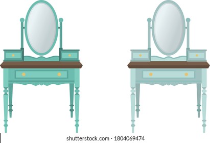 Vintage Vanity Desk Illustration. Beautiful Old Retro Makeup Table Vector Icons Set. Cute Blue And Green Colors Ideal For Blog, Shops, Stickers, Cards, Web, Print, Books, Etc. 