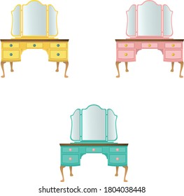 Vintage Vanity illustration. Retro Makeup desk. Multiple beautiful colors yellow pink turquoise blue vector icons. Ideal for blogs, stickers, web, print, birthday cards, etc. 