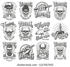 Vintage vaping labels monochrome set with inscriptions skull in hipster panama hats baseball cap vaporizer electronic cigarettes smoking pipes isolated vector illustration