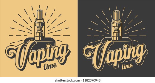 Vintage vaping logotypes with letterings and skeleton hand holding vape in monochrome style isolated vector illustration