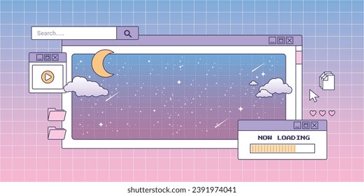 Vintage vaporwave background design illustration. Linear vaporwave retro desktop wallpaper. Modern vintage comics illustrations. Trendy, nostalgic, colorful style 70s, 80s, 90s. Posters, social media 