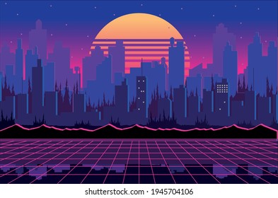 Vintage Vaporwave Cyber City Background Purple Stock Vector (Royalty ...