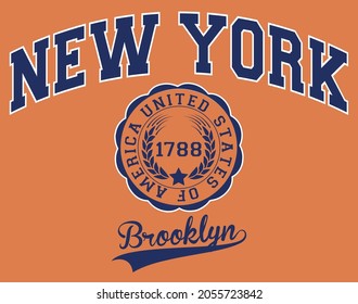 Vintage varsity college brooklyn city print with new york state slogan for graphic tee t shirt or sweatshirt - Vector