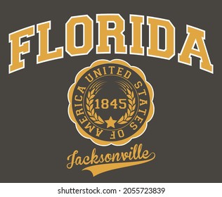 Vintage varsity college jacksonville city print with florida state slogan for graphic tee t shirt or sweatshirt - Vector