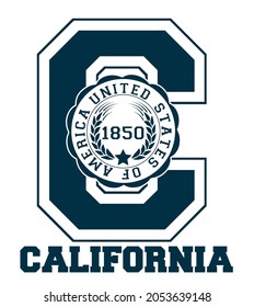 Vintage Varsity College Letter Print With California State Slogan For Graphic Tee T Shirt Or Sweatshirt - Vector