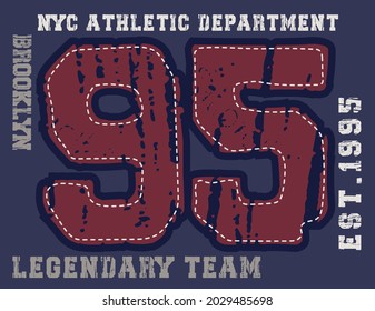 Vintage varsity college nyc brooklyn 95 patch slogan print for man - kids graphic tee t shirt - Vector