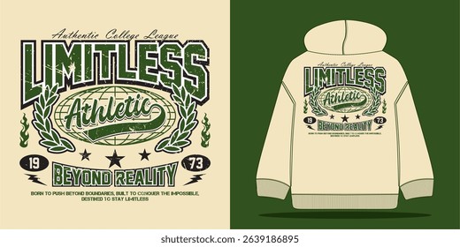 Vintage varsity college typography with Limitless athletic slogan, grunge texture text print. Ideal for graphic tees, t-shirts, sweatshirts, hoodies, stickers, or posters. – Vector illustration