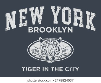 Vintage varsity college typography new york brooklyn slogan print with tiger head illustration and grunge texture for graphic tee t shirt or sweatshirt hoodie - Vector