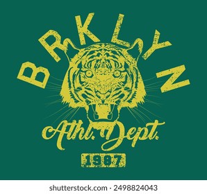 Vintage varsity college typography new york brooklyn athletic department slogan print with tiger head illustration and grunge texture for graphic tee t shirt or sweatshirt hoodie - Vector