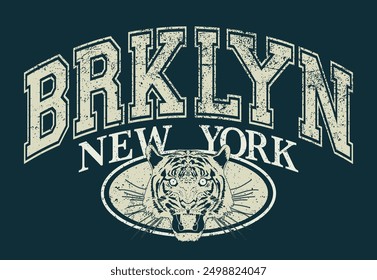 Vintage varsity college typography new york brooklyn slogan print with tiger head illustration and grunge texture for graphic tee t shirt or sweatshirt hoodie - Vector