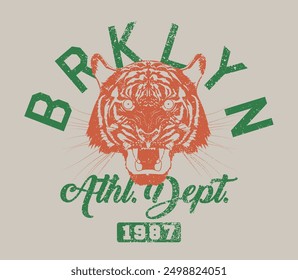 Vintage varsity college typography new york brooklyn athletic department slogan print with tiger head illustration and grunge texture for graphic tee t shirt or sweatshirt hoodie - Vector