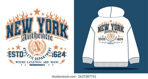 Vintage varsity college typography New York  slogan with authentic grunge texture. Perfect print design for graphic tees, t-shirts, sweatshirts, hoodies, stickers, and posters – vector illustration