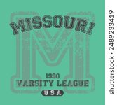 Vintage varsity college typography united states of america  missouri state slogan text print with grunge texture for graphic tee t shirt or sweatshirt hoodie or sticker poster - Vector