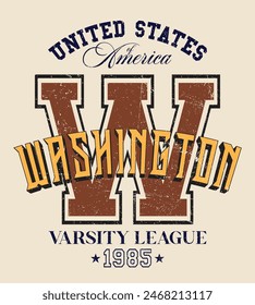 Vintage varsity college typography united states of america washington state slogan text print with grunge texture for graphic tee t shirt or sweatshirt hoodie or sticker poster - Vector 