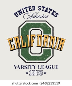 Vintage varsity college typography united states of america california state slogan text print with grunge texture for graphic tee t shirt or sweatshirt hoodie or sticker poster - Vector 