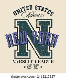 Antiguas varsity college tipografía estados unidos de américa eslogan texto impreso con textura grunge para camiseta gráfica o sudadera sudadera con capucha o cartel de pegatina - Vector 