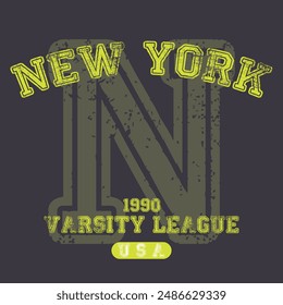 Vintage varsity college typography united states of america new york state slogan text print with grunge texture for graphic tee t shirt or sweatshirt hoodie or sticker poster - Vector