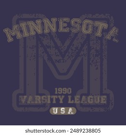 Antiguas varsity college typography estados unidos de américa minnesota state slogan text print with grunge texture for graphic tee t shirt or sweatshirt hoodie or sticker poster - Vector