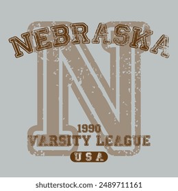 Antiguas varsity college typography estados unidos de américa nebraska state slogan text print with grunge texture for graphic tee t shirt or sweatshirt hoodie or sticker poster - Vector