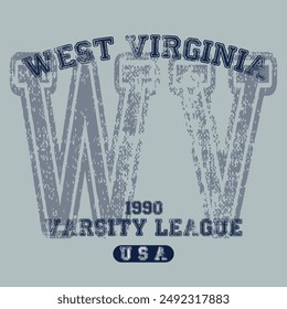 Vintage varsity college typography united states of america west virginia state slogan text print with grunge texture for graphic tee t shirt or sweatshirt hoodie or sticker poster - Vector