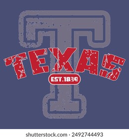Vintage varsity college typography united states of america texas state slogan text print with grunge texture for graphic tee t shirt or sweatshirt hoodie or sticker poster - Vector