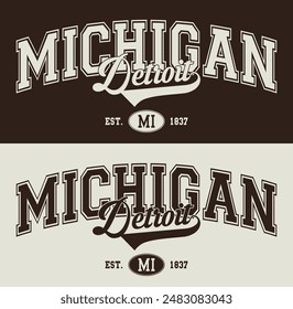 Vintage varsity college typography usa detroit michigan state slogan text print for graphic tee t shirt or sweatshirt hoodie or sticker poster - Vector