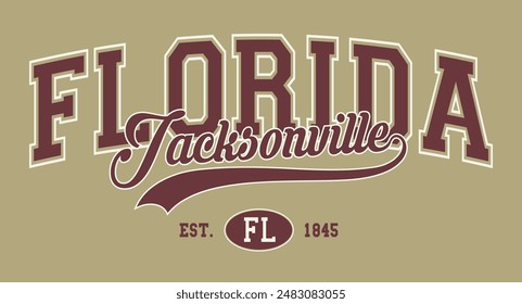 Vintage varsity college typography usa jacksonville florida state slogan text print for graphic tee t shirt or sweatshirt hoodie or sticker poster - Vector