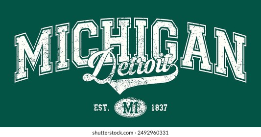 Vintage varsity college typography usa michigan detroit state slogan text print with grunge texture effect for graphic tee t shirt or sweatshirt hoodie or sticker poster - Vector