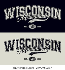 Antiguas varsity college typography usa state slogan texto impreso con efecto de textura grunge para camiseta gráfica o sudadera con capucha o póster de pegatinas - Vector