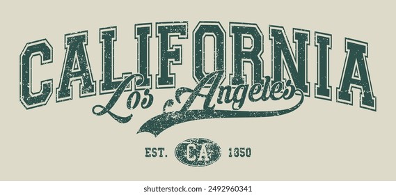 Vintage varsity college typography usa california los angeles state slogan text print with grunge texture effect for graphic tee t shirt or sweatshirt hoodie or sticker poster - Vector