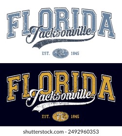 Vintage varsity college typography usa florida jacksonville state slogan text print with grunge texture effect for graphic tee t shirt or sweatshirt hoodie or sticker poster - Vector