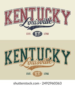 Vintage varsity college typography usa kentucky louisville state slogan text print with grunge texture effect for graphic tee t shirt or sweatshirt hoodie or sticker poster - Vector