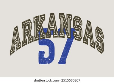 Vintage varsity college usa united states of america arkansas state slogan print with number and grunge texture for graphic tee t shirt or sweatshirt hoodie - Vector