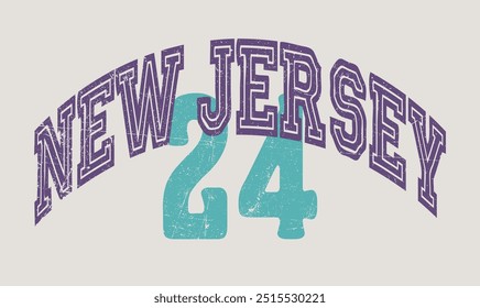 Vintage varsity college usa united states of america new jersey state slogan print with number and grunge texture for graphic tee t shirt or sweatshirt hoodie - Vector