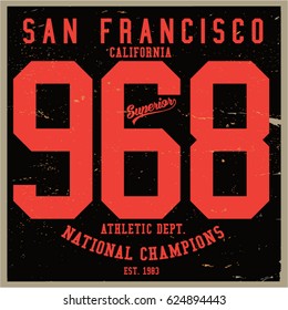 Vintage Varsity graphics and Emblem with grunge background.