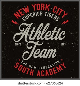 Vintage Varsity graphics and Emblem with grunge background.