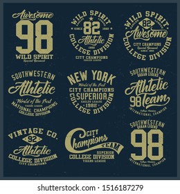 Vintage varsity vector graphics and grunge backgrounds.