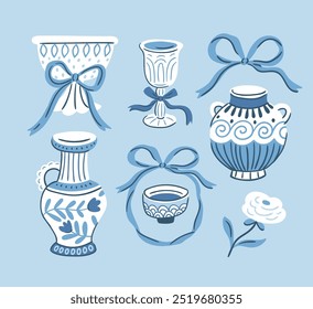 Vintage vase, cups, plates and coquette bows. Stylish hand-drawn blue chinoiserie collection. Stylish retro ceramics. Vector illustration 