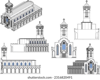 Vintage vaticano antiguo ilustración de la iglesia sagrada dibujo vectorial con torre