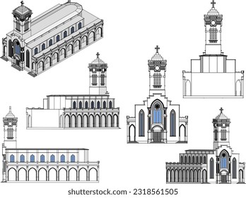 Vintage vaticano antiguo ilustración de la iglesia sagrada dibujo vectorial con torre