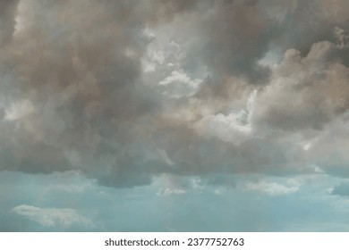 Vintage vector art background with white clouds and sky. Hand drawn vector old texture. Heaven. Aged abstract template for flyers, cards, poster, cover or design interior.