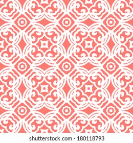 Vintage vector art deco pattern in coral red and white. Seamless texture for web, print, wallpaper, wedding invitation or website background, spring, summer or fall fashion, fabric or textile