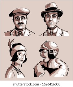 Vintage vector art deco people faces set. Collection of retro woman and man faces. Design in 20's style, sketch style, engravings with people heads. Sepia effect